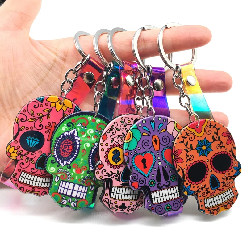 Брелоки Calavera мексиканские причудливые брелки для ключей с черепом пользовательский лазер Dazzle Rope Sugar Skull брелок сумка Шарм сладкий подарок