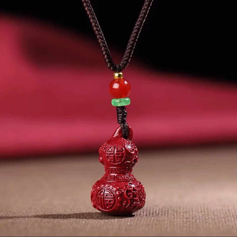 Fashion Cinnabar Jade Gourd Pendant Necklace Jewellery Chinese Hand-Carved Healing Women Man Luck Gift Sweater Chain