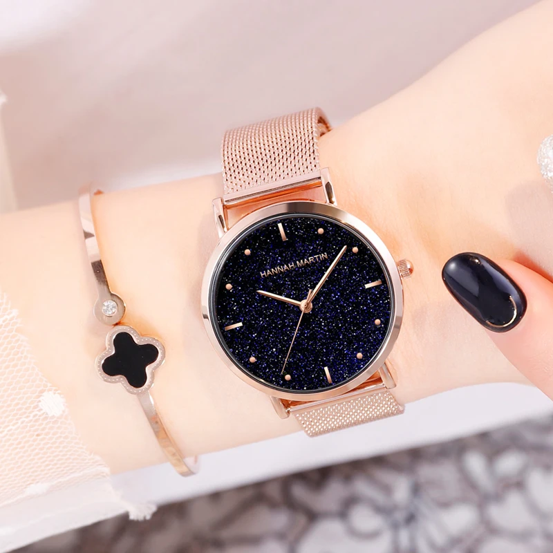 Lady Rose Gold Starry Sky Watchwrist Women Watches Casual Female Quartz Watch Stainless Steel Band Clock Luxury Montres Femmes top luxury brand quartz watch women simple dress casual japan rose gold stainless steel mesh band ultra thin clock female unisex