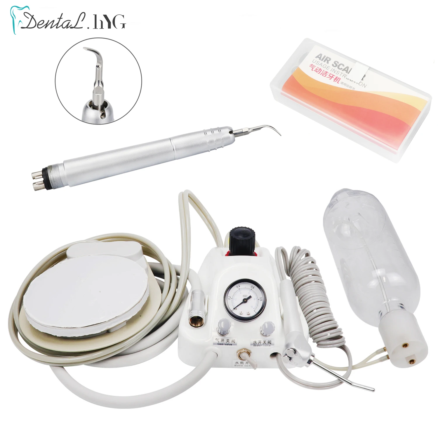 

Dental 2/4Holes Air Turbine Unit with Dental Ultrasonic Air Scaler Handpiece 3 Tips Air Scaling Water Syringe Teeth Whitening