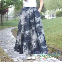 2019 spring and autumn female retro casual vintage national cotton linen jeans denim woman ladies maxi folds skirts with womens