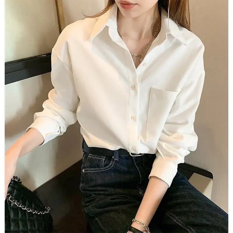 

2021 Spring New Korean Women's White Shirts Loose Lazy Inner Base Blouses Autumn Fashion Casual Office Ladies Elegant Tops