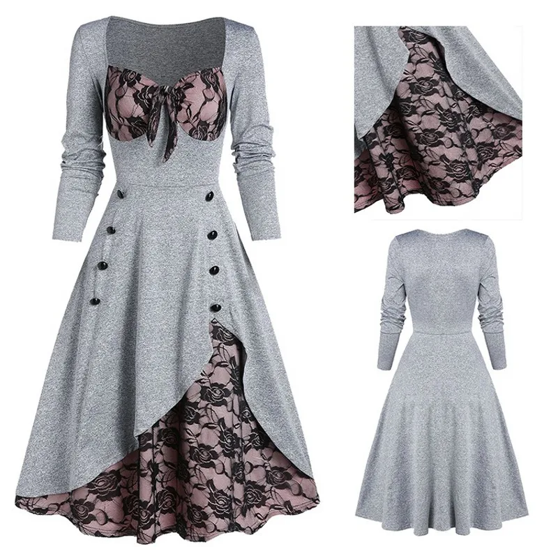 

Fashion spring and autumn pure color women's court retro dress square collar long sleeve bow lace spliced button big swing dress