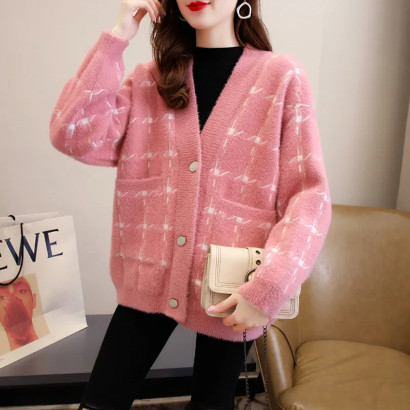 

Women Spring Sweater Cardigans V Neck Plaid Button Up Knit Cardigans Pink Sweater Coat Female Korean Loose Tops Casaco Feminino