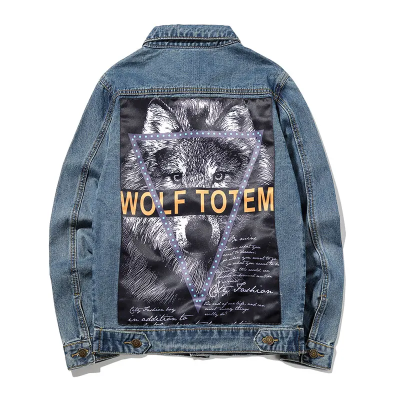 Осенняя Модная Джинсовая куртка Ins в повседневном стиле с принтом волка синяя