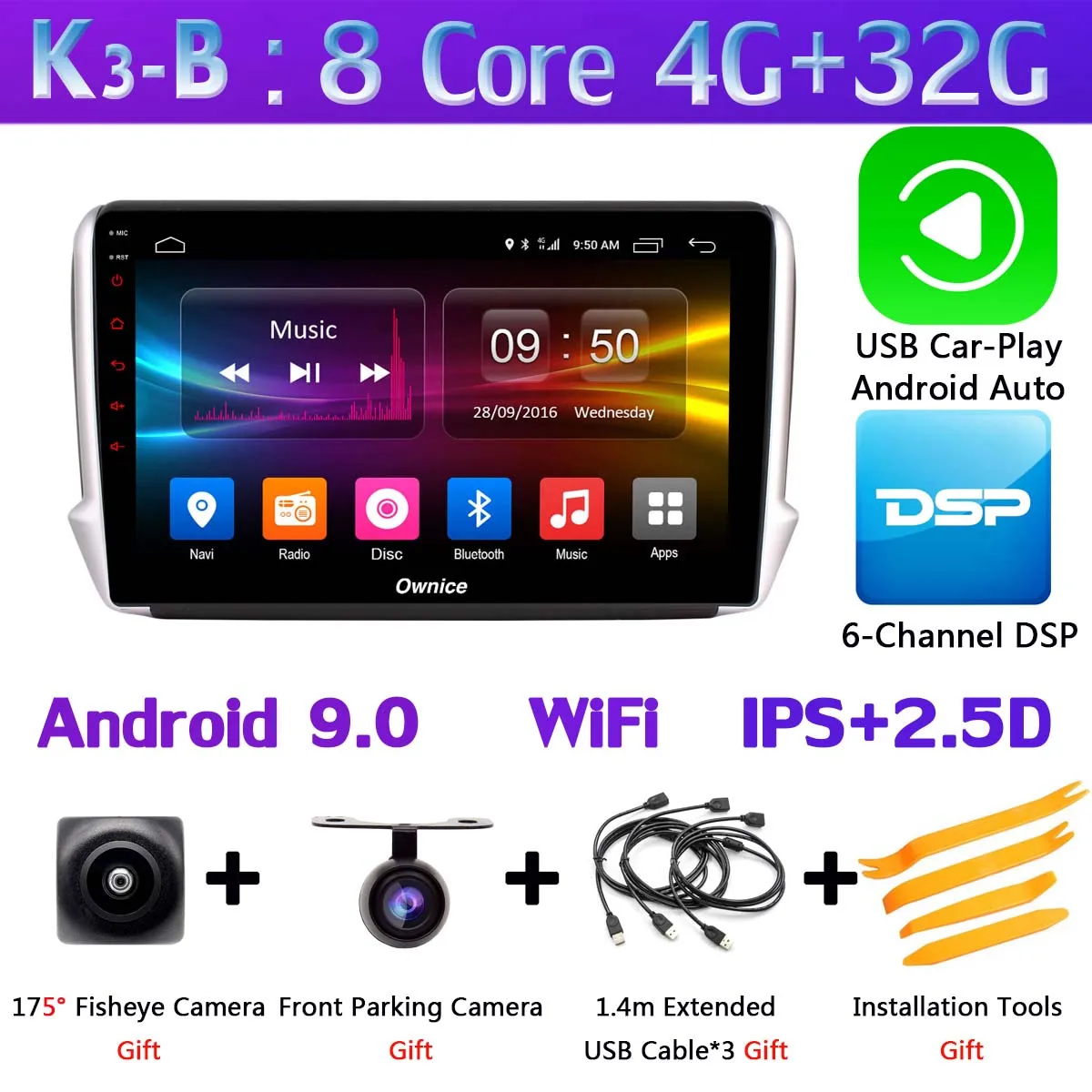 K3-B-CarPlay 1din 360 ° панорамная камера 4G LTE Android 9,0 4G+ 64G DSP CarPlay Автомобильный мультимедийный плеер для peugeot 2008 208- gps радио - Цвет: K3-B-CarPlay