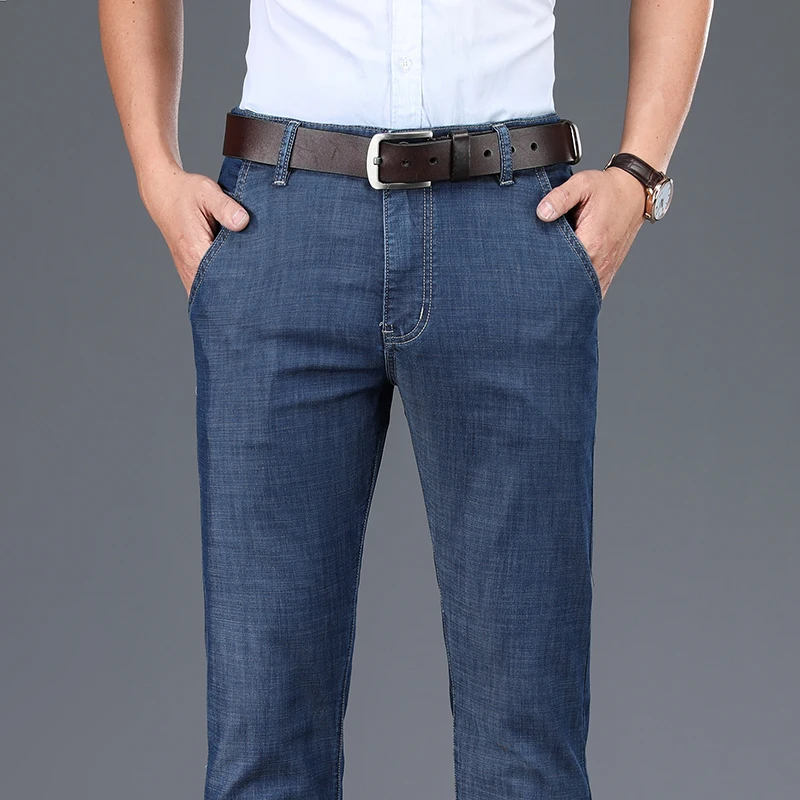 

Джинсы мужские легкие воздухопроницаемые, модные повседневные Стрейчевые брюки из денима, брендовая одежда, синие Черные, на лето