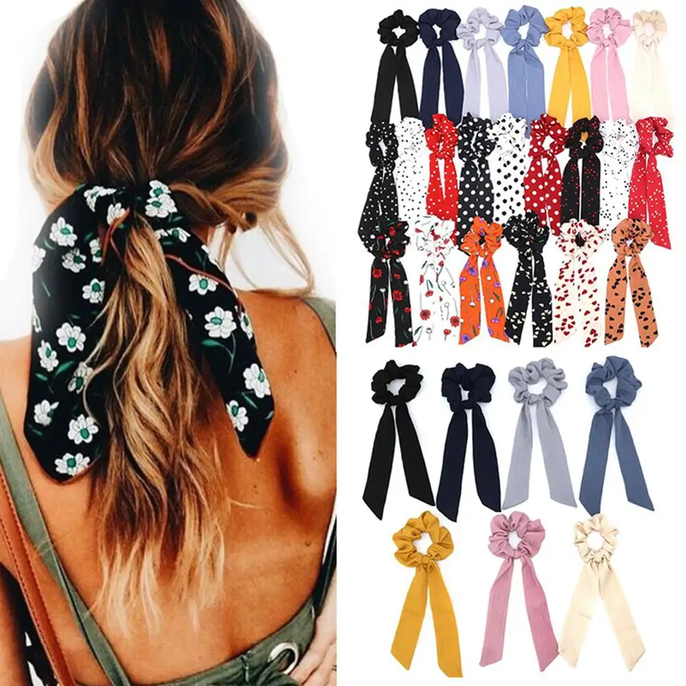 

2019 Bohemian Polka Dot Floral Printed Ribbon Bow Hair Scrunchies Women Elastic Hair Band Ponytail Scarf Hair Ties Accessories