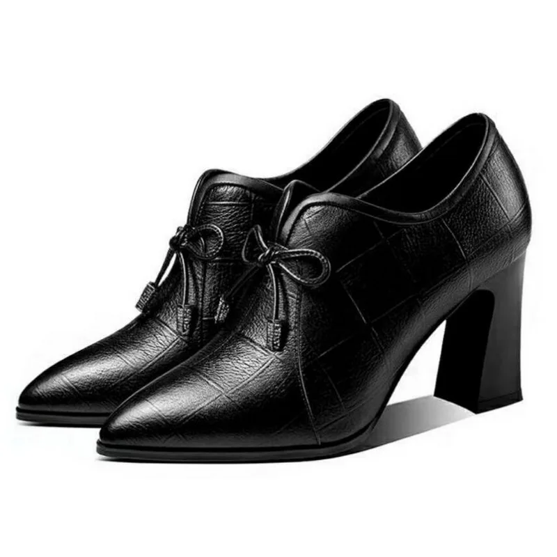 

2021 Fall Deep High Heels Woman Leather Shoes Women Pumps Pointed Toe Femal Footware For Female Block Heel Black women shoes