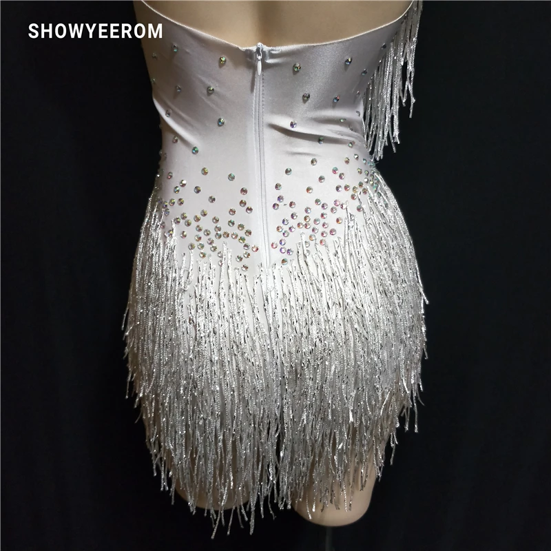 white Sparkly Rhinestones Tassel Leotard Nightclub Dance DS Show Stage Wear Stretch Bodysuit Party Female Singer Outfit | Тематическая