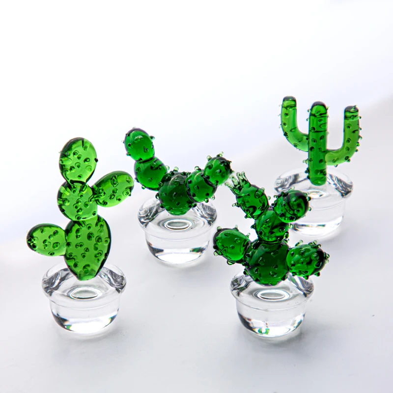 

H&D 4 Pack Handmade Glass Blown Cactus Figurines Mini Art Simulation Plants for Home Table Decor Collectible Gifts for Kids