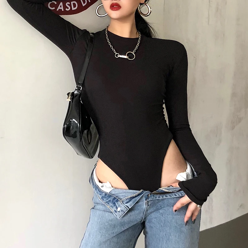 one shoulder bodysuit Solid Ribbed Knit Black Gray Female Bodysuit Turtleneck Top Women Long Sleeve Fall 2020 Winter Bodycon Keep Warm Khaki Body Sexy bodysuit women