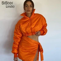 sisterlinda autumn thicken women two piece set zipper short coatirregular skirt simple casual street female matching outfit2021