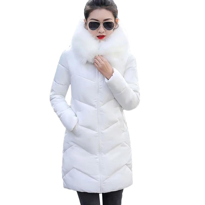 Winter Coat Women Thicken Down Cotton Jacket Hooded Fur Collar Mid-Long Outerwear Warm Snow Cotton Padded Jacket