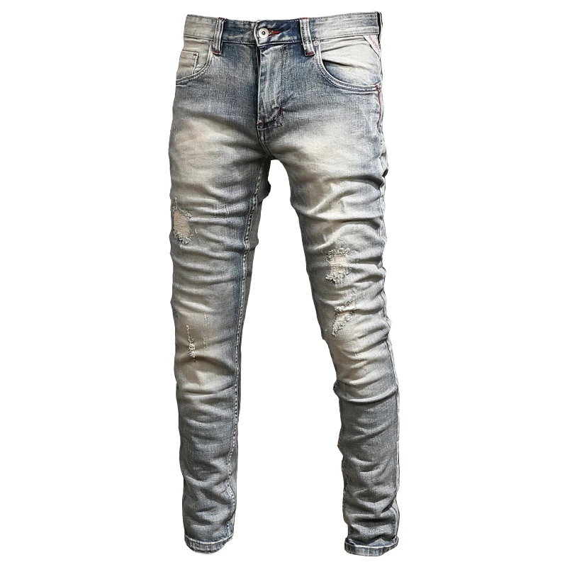 New Men's Vintage Blue Ripped Stretch Jeans Men Casual Slim Fit Pencil Pants Streetwear Distressed Jean