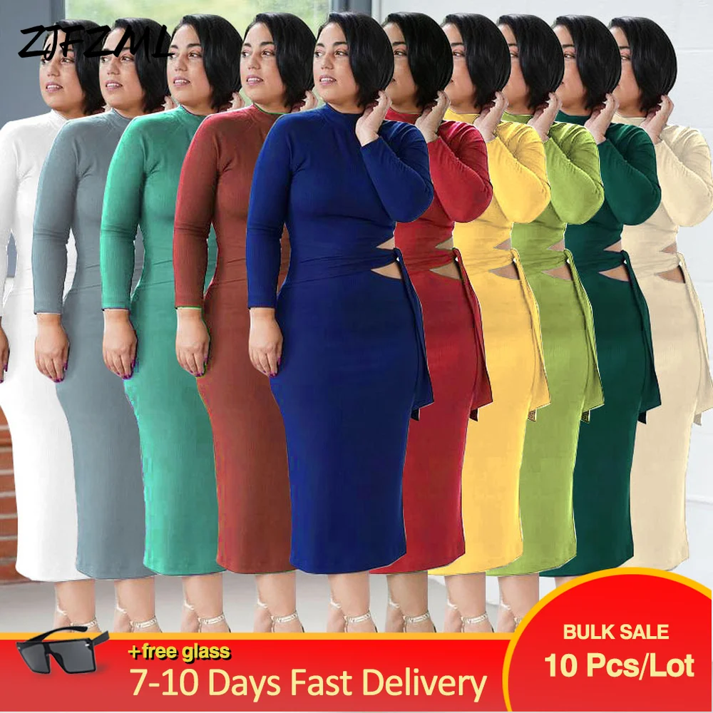 

Женское однотонное платье до середины икры, элегантное модное платье с длинным рукавом и разрезом на талии, оптом