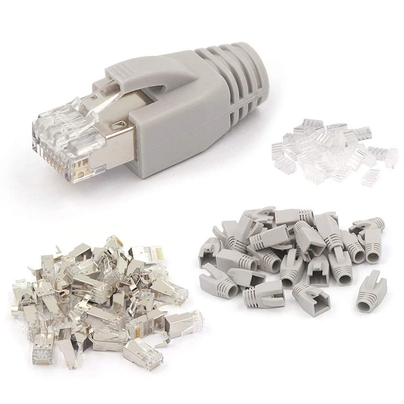 

20 упаковок, экранированный разъем RJ45 CAT7, модульный разъем Cat6A Cat7 RJ45 с нагрузочным стержнем и рельефными ботинками RJ45, серый 8P8C