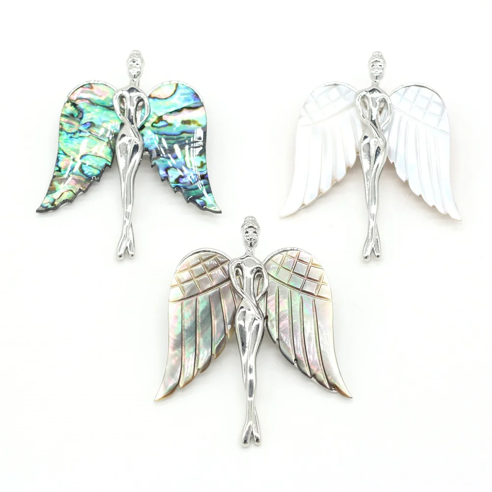 

Natural Shell Alloy Metal Pendant Brooch Angel Shape Wing White Black Abalone Shell Accented Charms for Jewelry Making Ornament