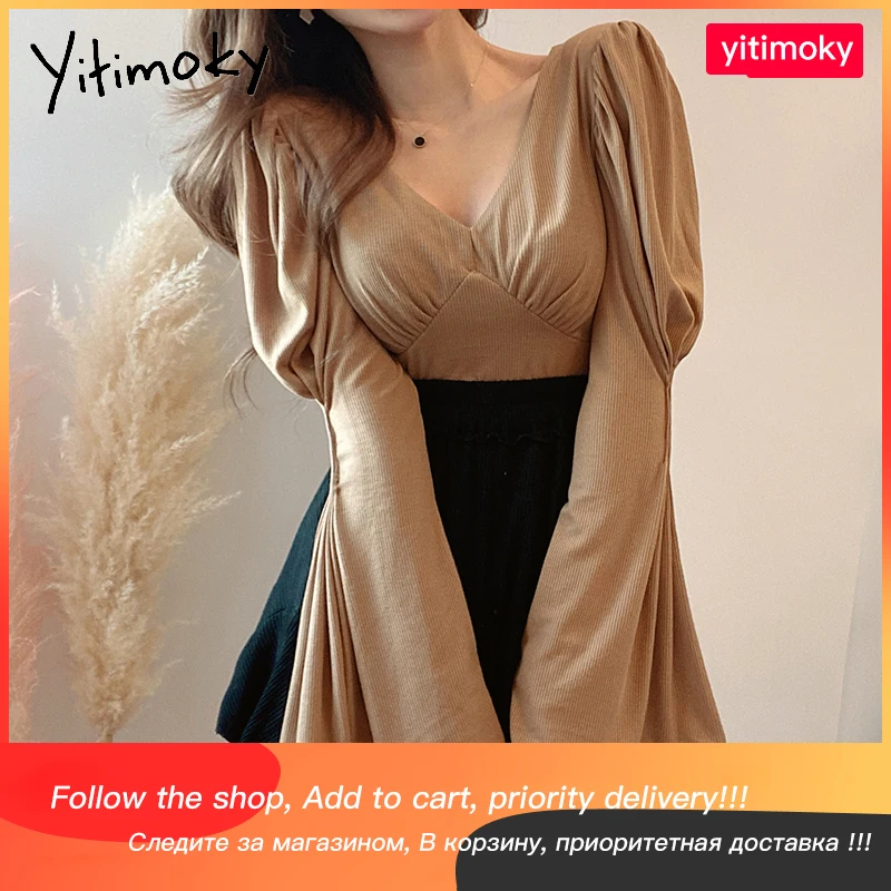 

Yitimoky Flare Sleeve Woman Tshirts Long Sleeve Summer White Black Tops V-Neck Pleated Solid Tees 2021 Korean Fashion Clothing