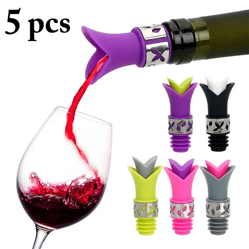 

5PCS Wine Stopper Creative 2 In 1 Lily Shape Silicone Bottle Stopper Wine Pourer Bar Accessories