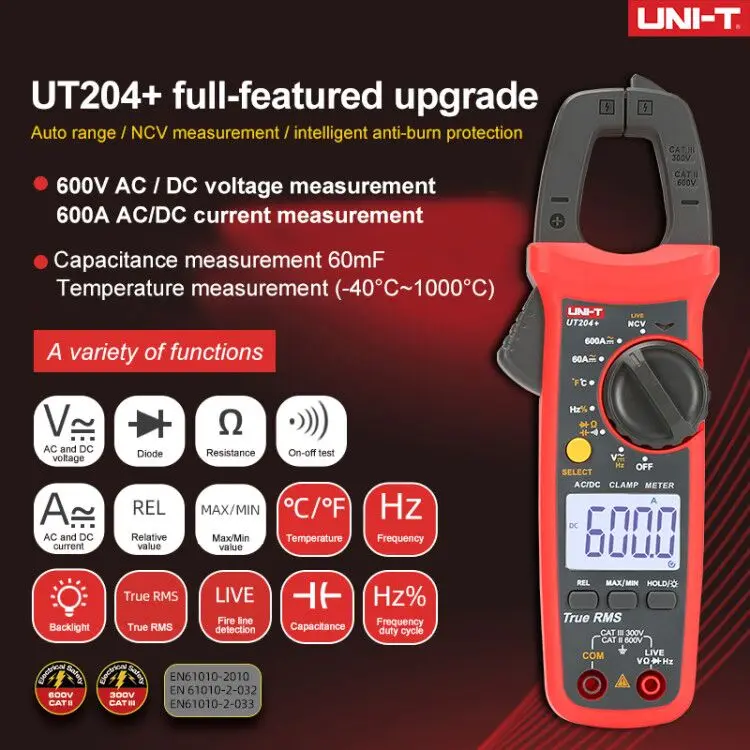 UT204 Plus UNI T UNI-T UT202A+ UT204+ цифровой AC DC токовые клещи мультиметр True RMS 400-600A Авто диапазон Вольтметр Сопротивление Тест - Цвет: UT204 Plus
