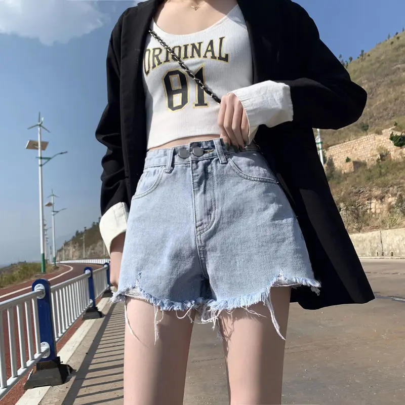 

Denim shorts women's summer 2021 new high waist Korean perforated pants loose and thin wide leg A-line hot pants