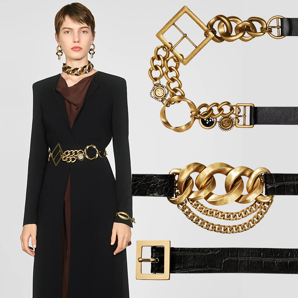 Женский кожаный ремень с цепочкой ZA модный прошитый пояс металлической