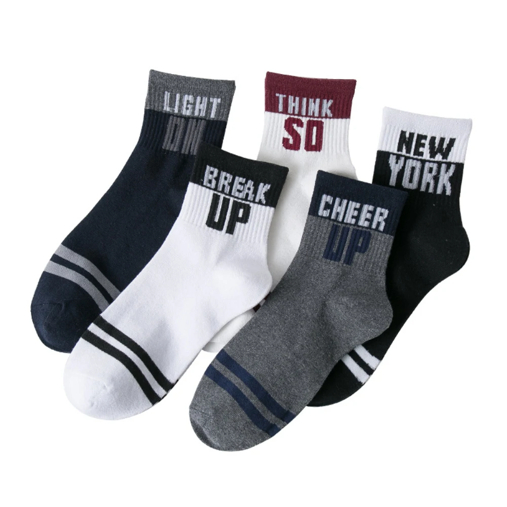 

5 Pairs/Lot Men's Socks Fashion Striped Letter UP Male Casual Cotton Socks Boys Breathable Soft Sports Socks Mid Stockings Homme