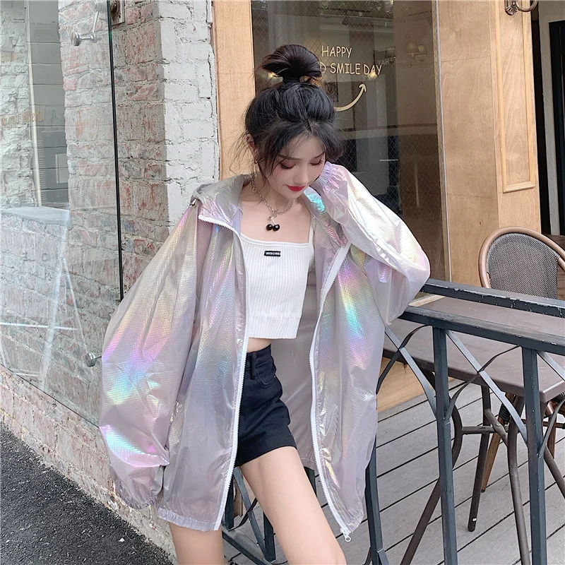 

Sunscreen Coat Female 2021 Summer New Loose Women Reflective Breathable Long Sleeve Thin Windbreaker Fashion Sunscreen Jacket