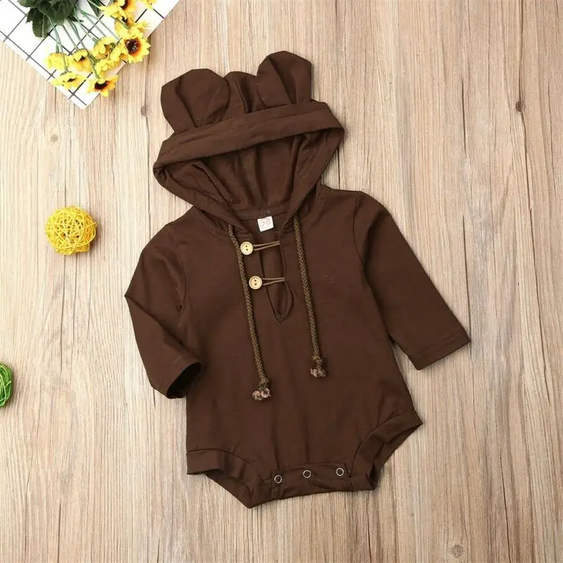 Newborn Baby Kids Girl Boy Hooded Long Sleeve Cute Bear Ear Romper Bodysuit Jumpsuit Cotton Clothes Outfits Autumn 0-18M | Мать и ребенок