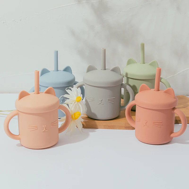 Baby Silicone Cups Baby Learning Drink milk Straw Cup Food Grade Children Non-slip with Handle Feeding bottle 2021 New