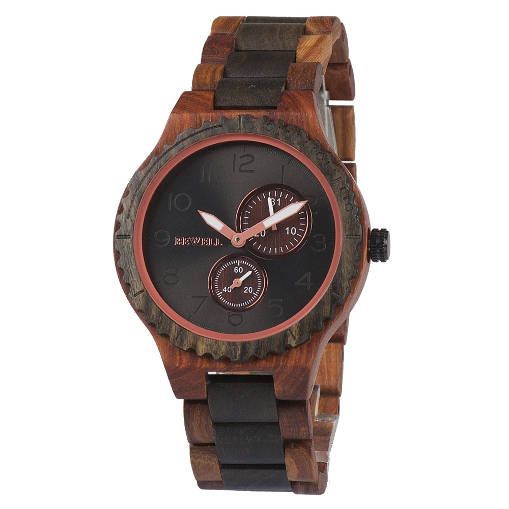 Fastion mens watches wood watches with multifunction japan movement