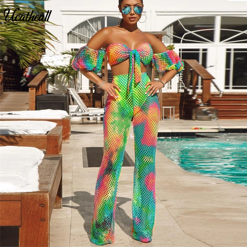 Новый вязаный сексуальный пляжный Женский комплект ажурный укороченный топ и