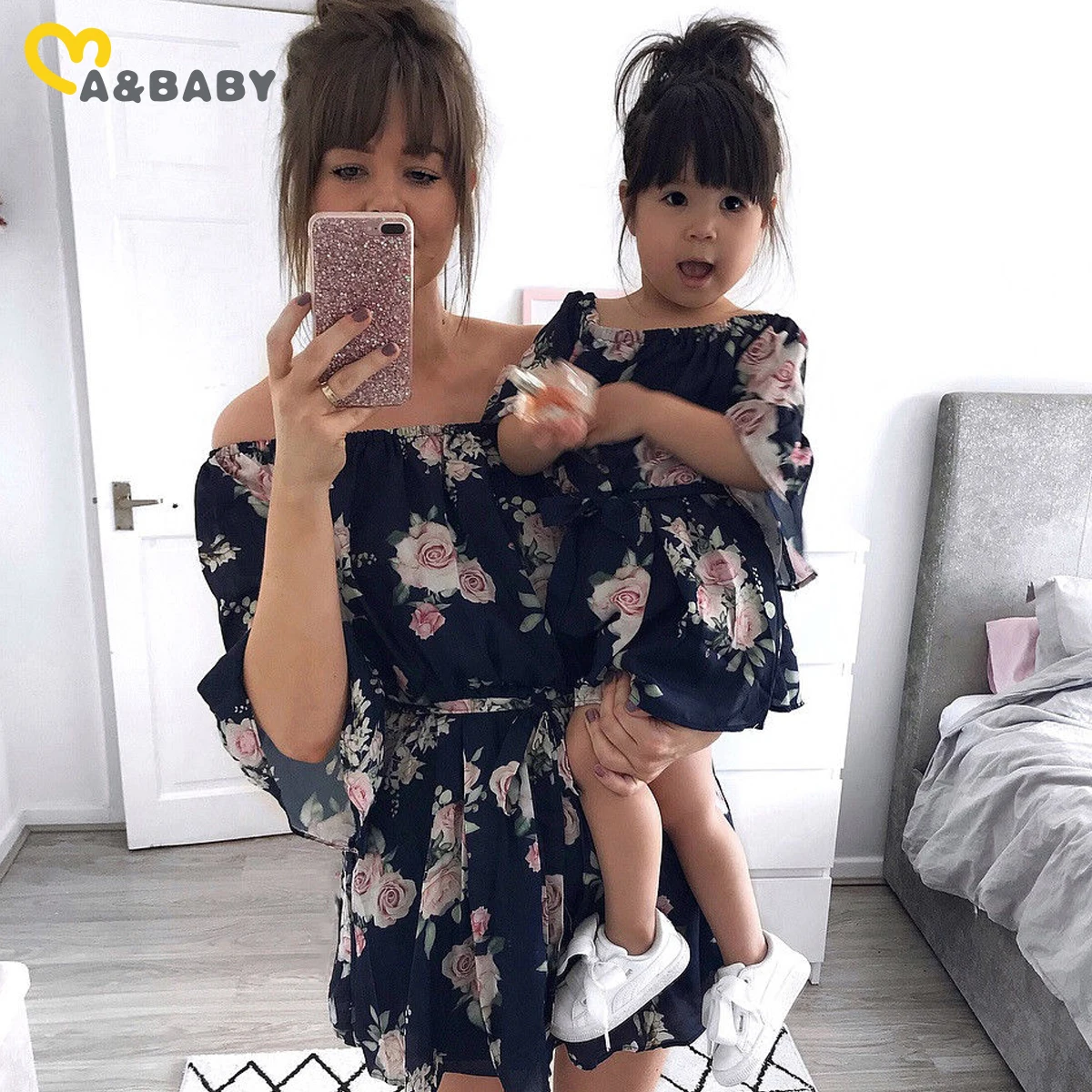 

Ma&Baby Family Clothing Matching Outfits Flower Print Dress Mother And Daughter Clothes Off Shoulder Dresses Family Look DD43