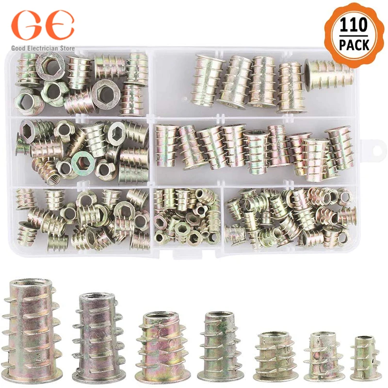 

110pcs Zinc Alloy Furniture Hex Socket Screw Inserts Threaded nut and bolt Assortment Tool Kit for Wood Furniture (6 Size)