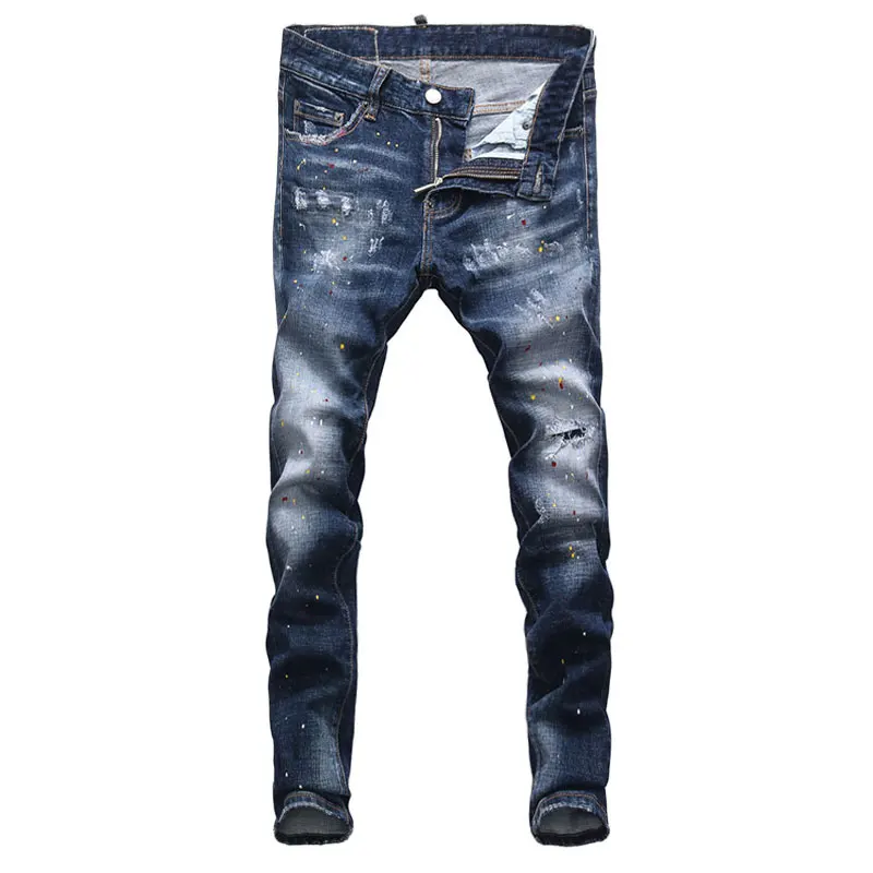 European Street Fashion Men Jeans High Quality Retro Blue Slim Fit Ripped Jeans Men Painted Designer Hip Hop Denim Punk Pants