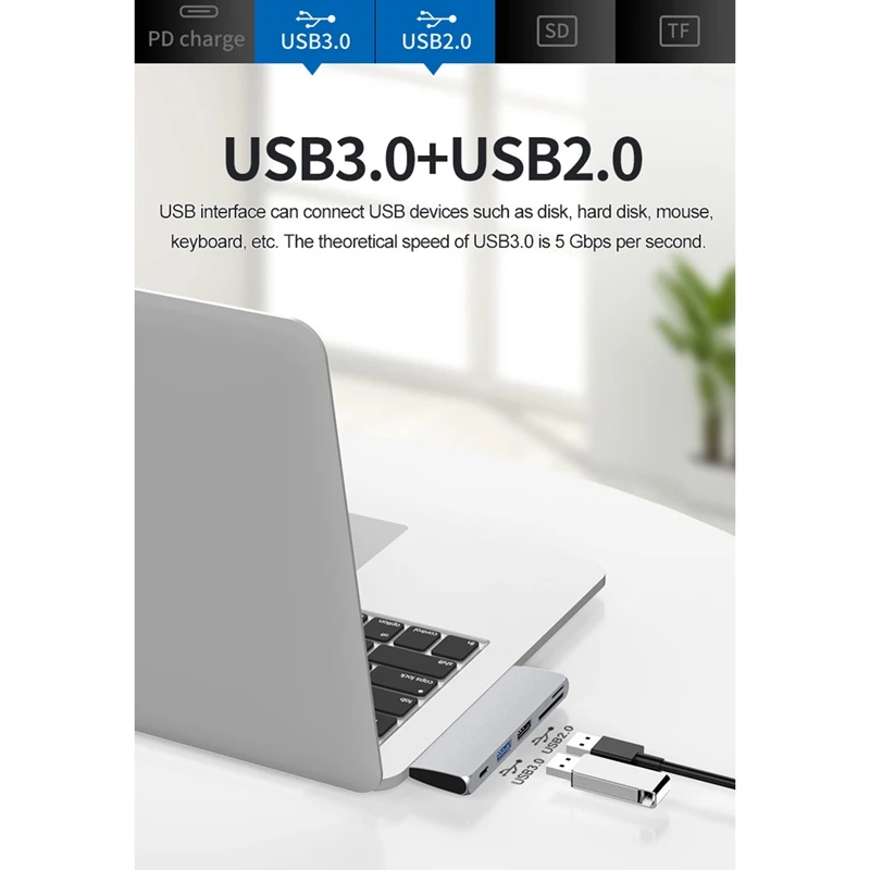 

USB-C Hub Adapter,Portable 5 in 1 USB Type C Adapter with USB 3.0 USB 2.0 Ports,SD/TF Card Reader and PD Charging Port