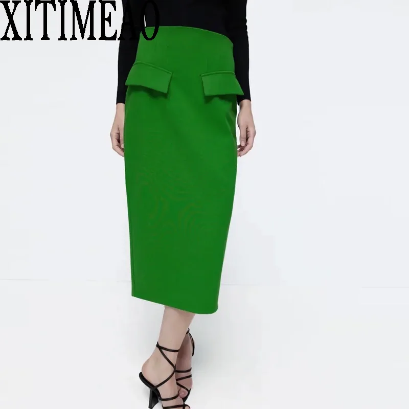 

Xitimeao Vintage Elegant Midi Hip Wrap Skirt Women 2021 Fashion Hight Waist Back Zipper Slit Female Skirts Chic Faldas Mujer