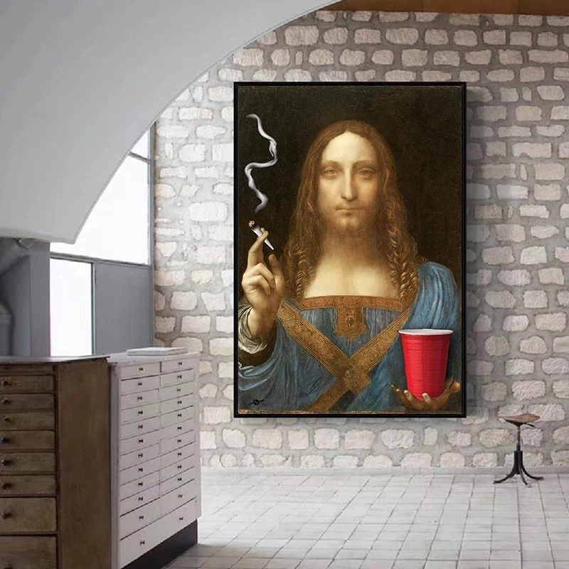 

Fun Art Salvator Mundi Smoking Wall Art Canvas Paintings Reproductions By Leonardo Da Vinci Famous Canvas Prints for Living Room