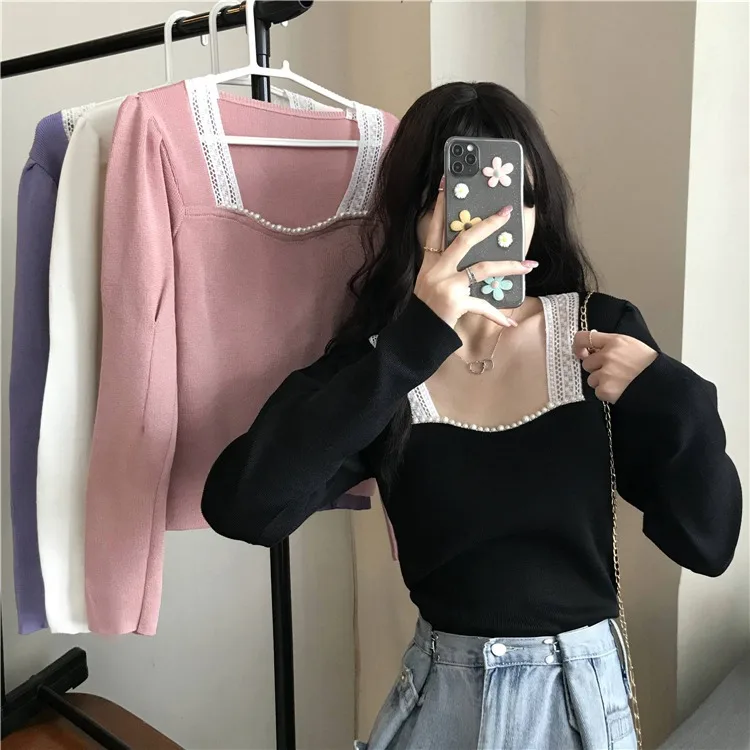 

Women Elegant Long Sleeve Sweater Shirt Office Lady Square Collar Blouse Tops Ladies Lace Tops Women Shirts