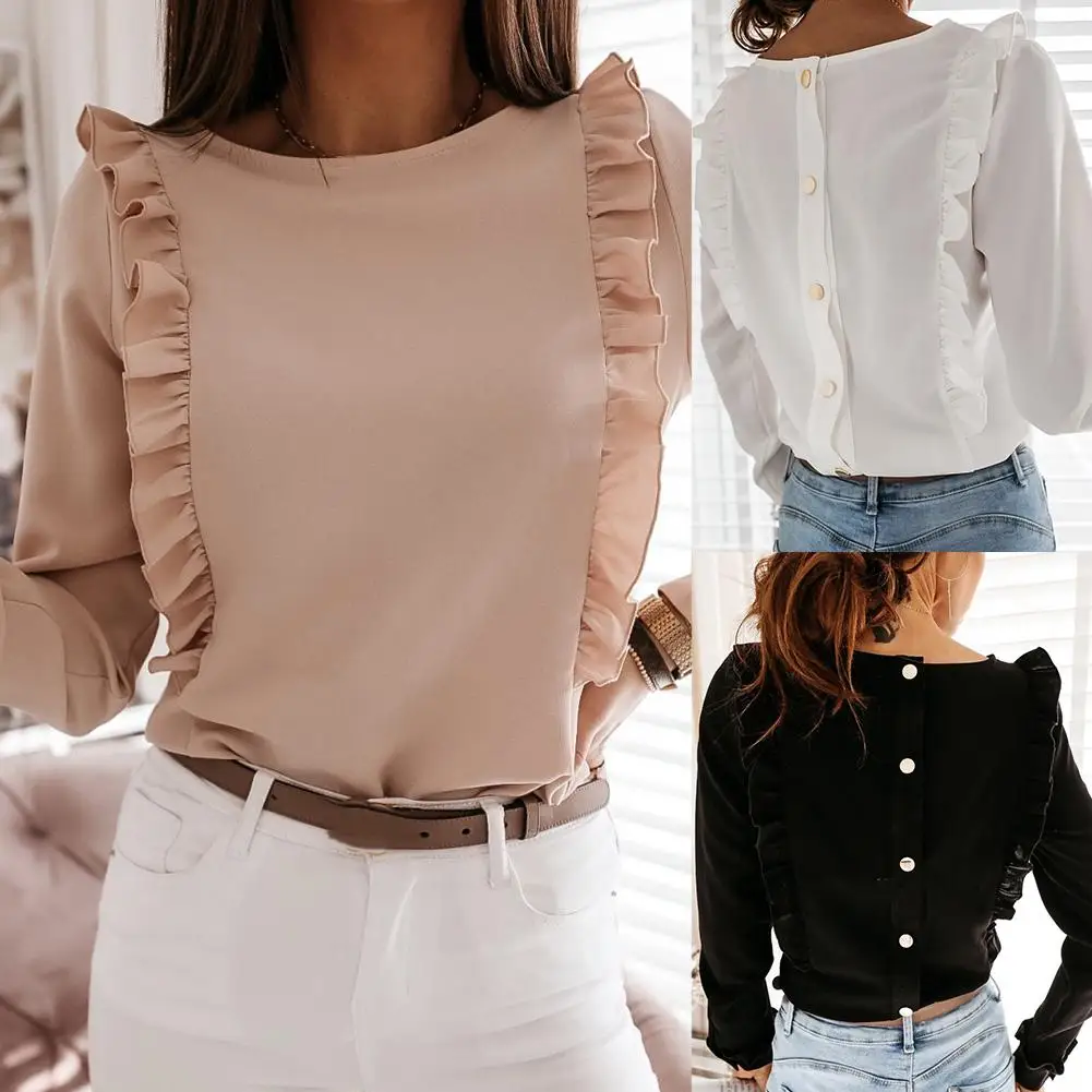 

New Women Casual Solid Color Long Sleeve Ruffled Edge Back Button Shirt Blouse Top