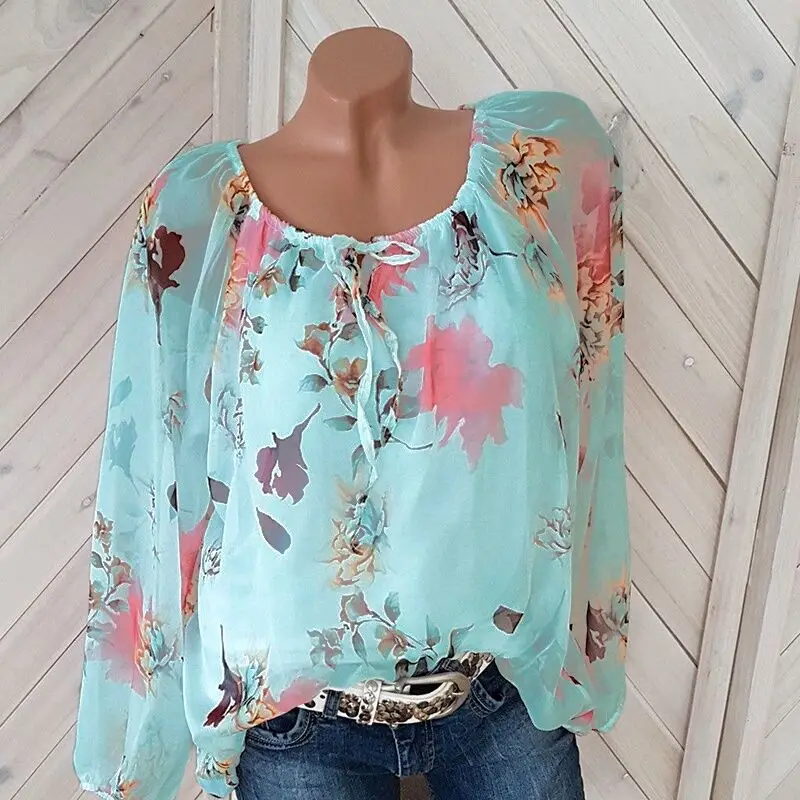 

5XL Plus Size Top Women Blouses Sweet Cool Flowers Print Shirt Tie Collar Long Sleeve Blouse Green White Chiffon Shirt Blusas