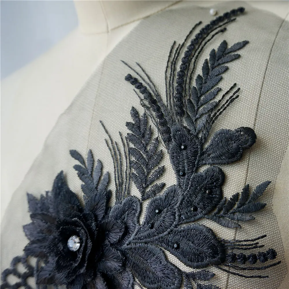 Черная вышитая кружевная ткань 3D цветок кисточки стразы аппликации отделка для
