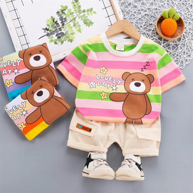 

Комплекты одежды для маленьких мальчиков и девочек, летняя футболка и шорты в полоску с мультяшным медведем для малышей, детская одежда, нар...