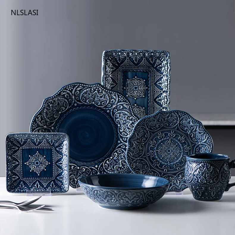 

Рельефная керамическая тарелка в европейском стиле, посуда, креативная фарфоровая тарелка для стейка, десерта, торта, супа, кофейной чашки