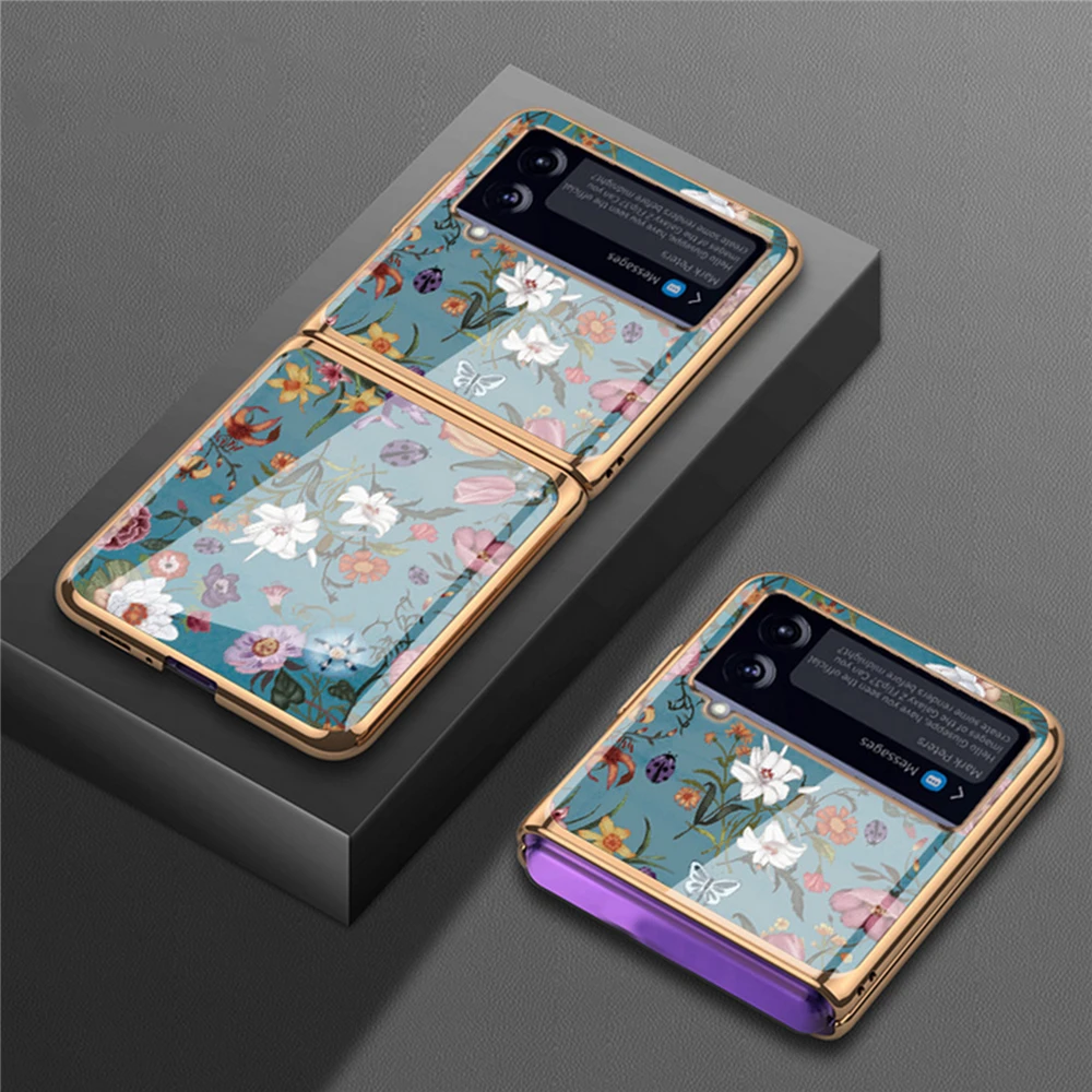 

Прозрачный стеклянный чехол Z Flip 3 с мягкой подкладкой для Samsung Galaxy Z Flip 3, небольшой стеклянный чехол с цветочным рисунком