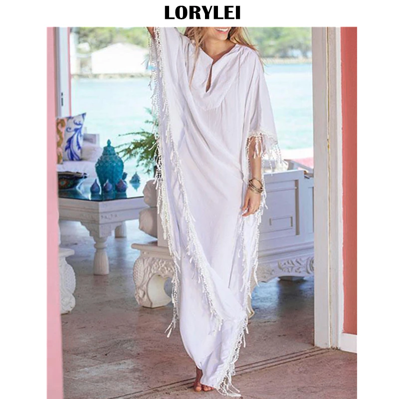 2020 свободное летнее платье с рукавом летучая мышь бахромой пляжный кафтан