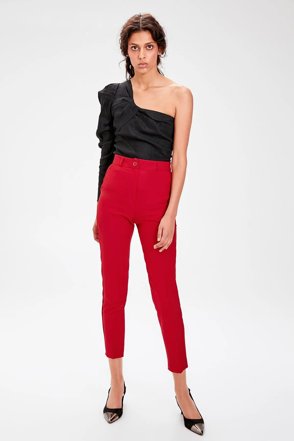 Trendyol Бургундия Базовая Высокая талия Офис Женские брюки TWOSS19ST0038