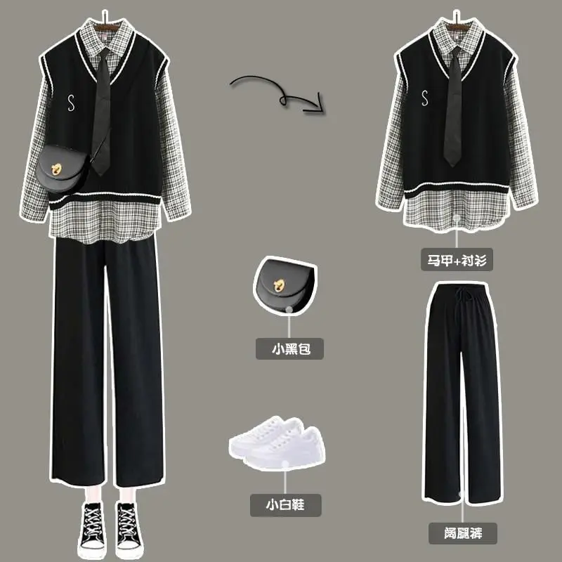 

Preppy Women's Three-piece Suit Spring 2022 Autumn New Long-sleeved Plaid Shirt + Knitted Sweater Vest + Casual Wide-leg Pants