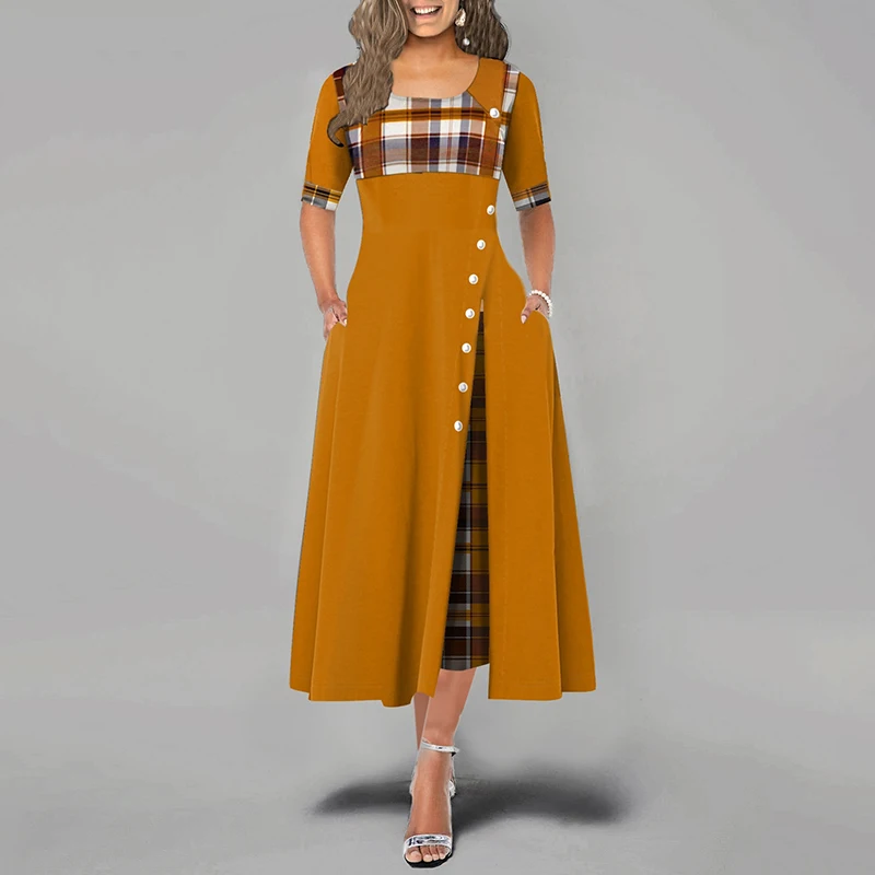 

S-5XL Summer Spring Women High Waist Maxi Plaid Dresses Elegant Vintage Red Plus Size Short Sleeve U Neck Dress Lady Sundress
